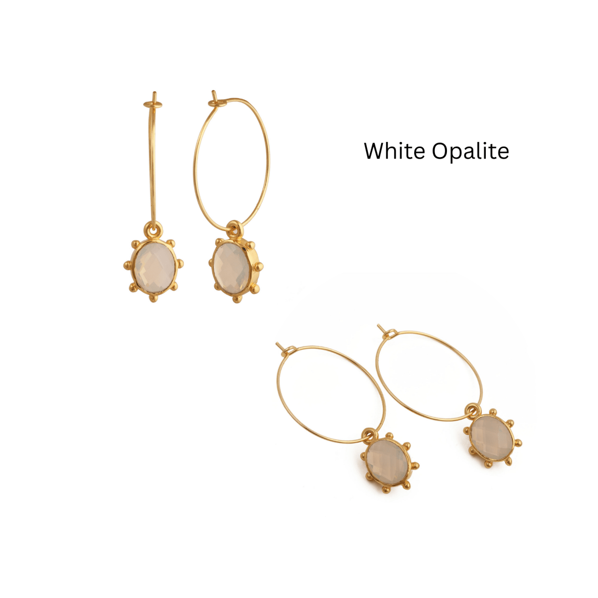 White Opalite Oval Faceted Hoop Earrings, Gold Plated Birthstone Jewelry 5275