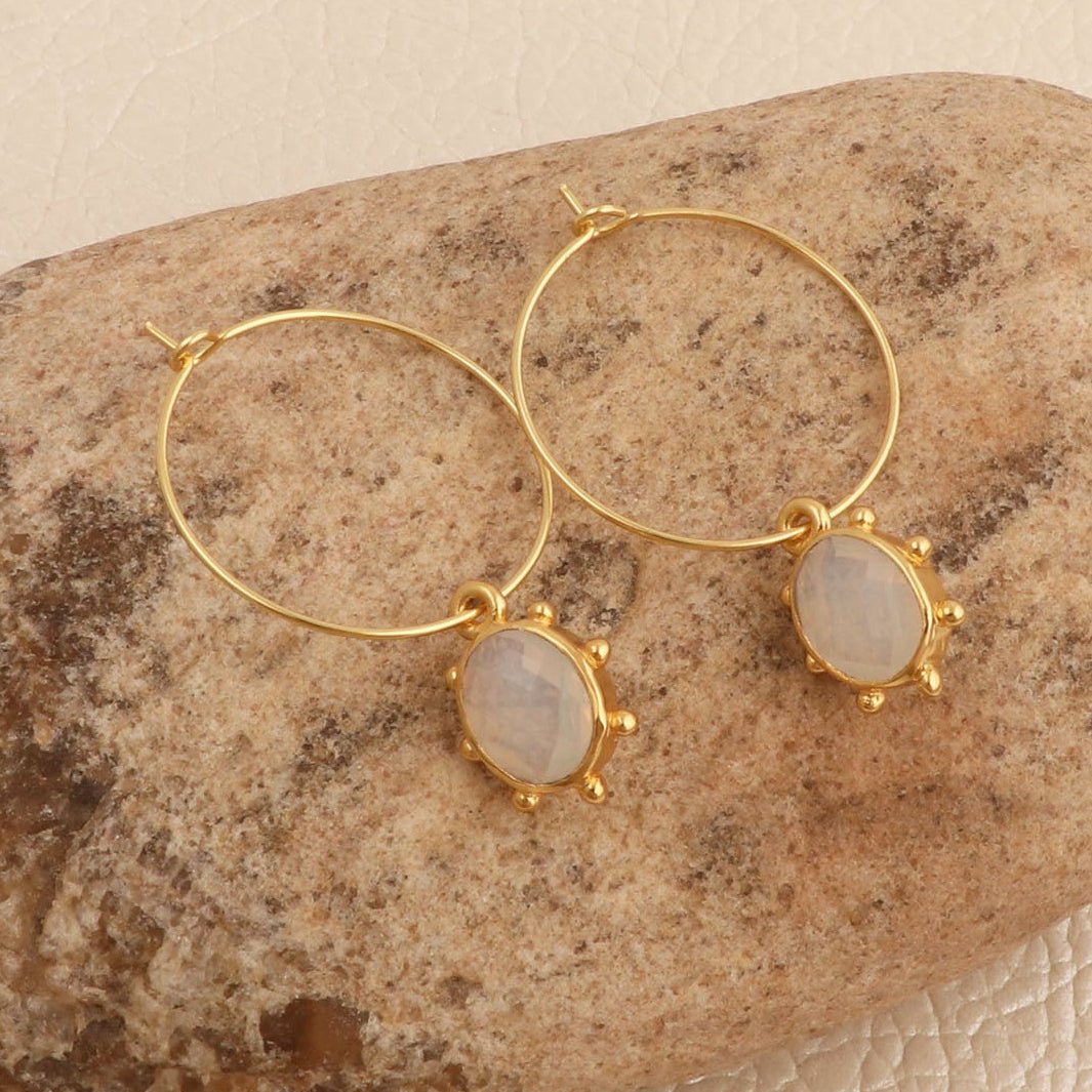 White Opalite Oval Faceted Hoop Earrings, Gold Plated Birthstone Jewelry 5275