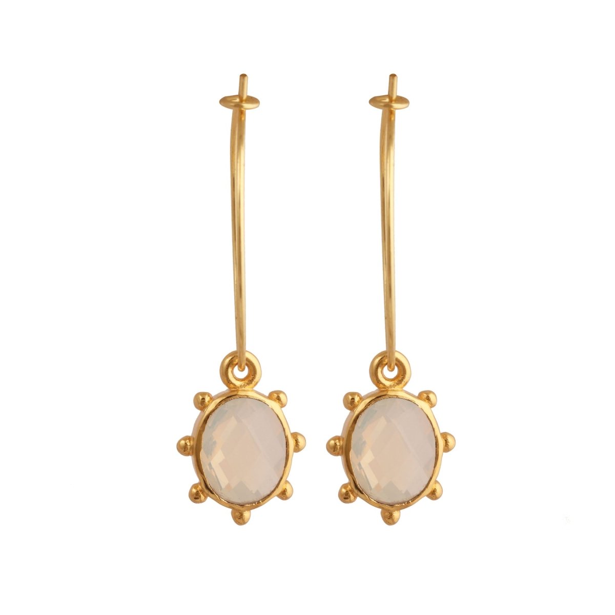 White Opalite Oval Faceted Hoop Earrings, Gold Plated Birthstone Jewelry 5275