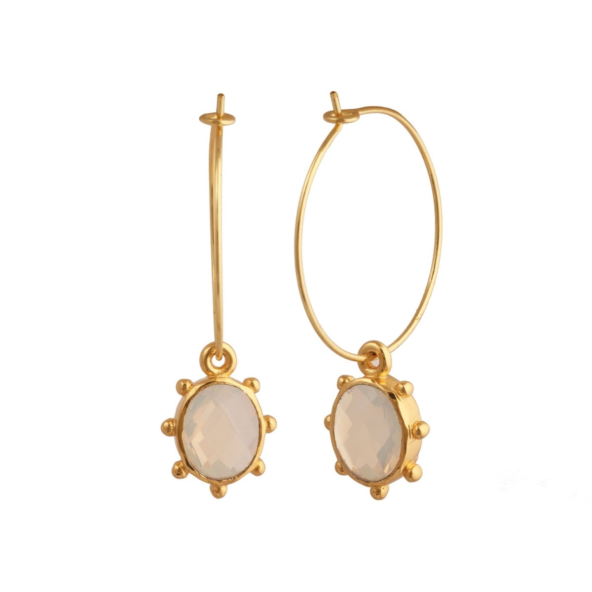 White Opalite Oval Faceted Hoop Earrings, Gold Plated Birthstone Jewelry 5275
