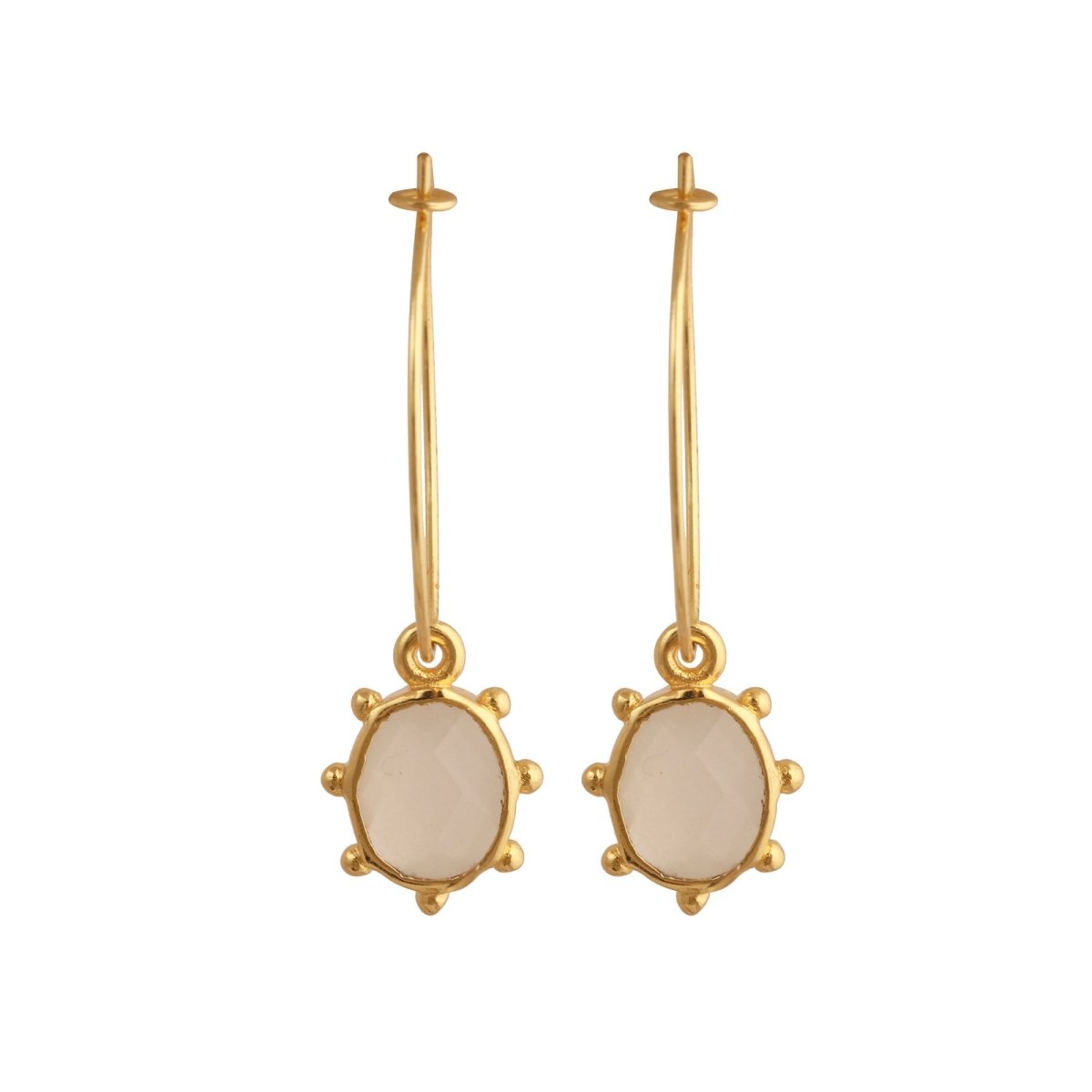 White Opalite Oval Faceted Hoop Earrings, Gold Plated Birthstone Jewelry 5275