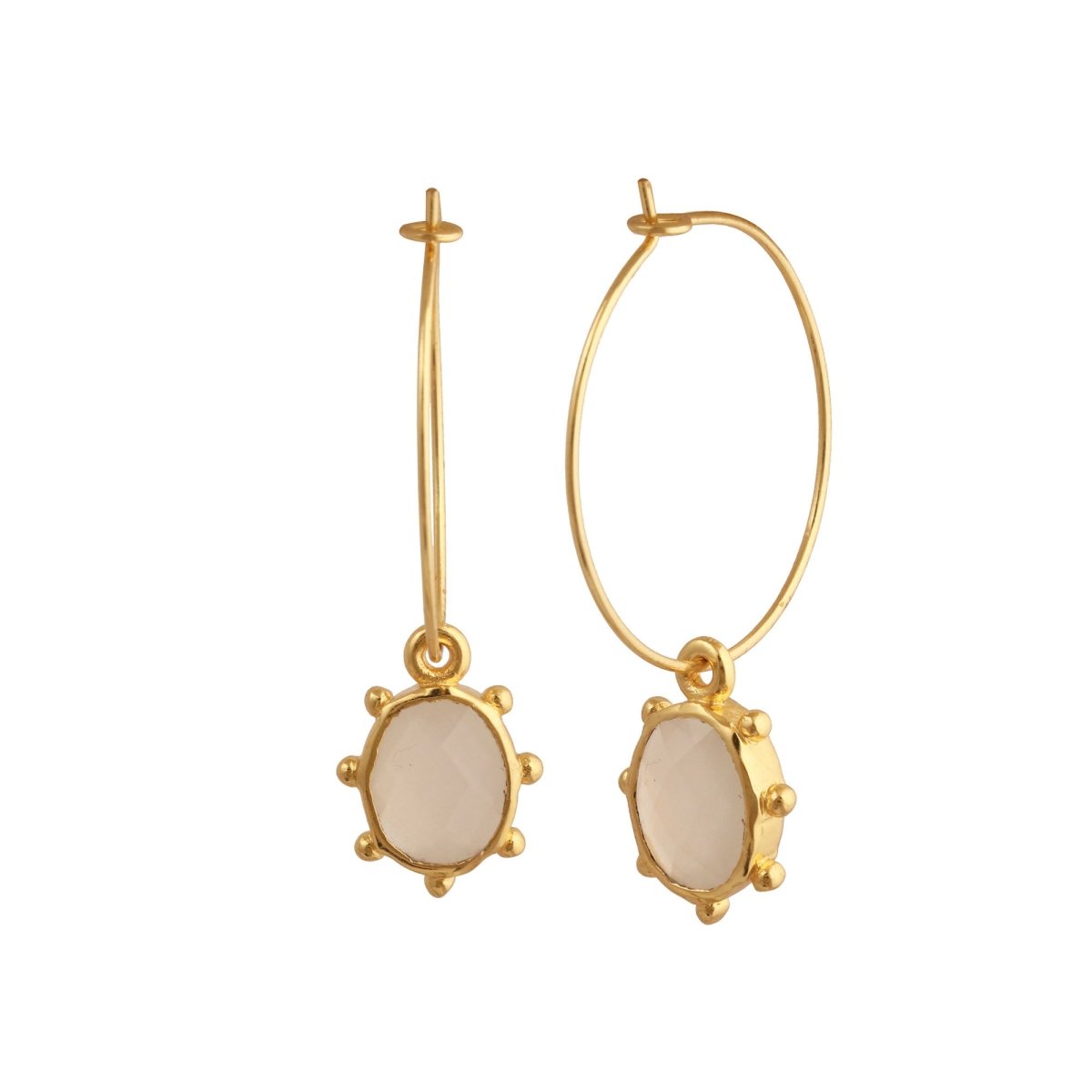 White Opalite Oval Faceted Hoop Earrings, Gold Plated Birthstone Jewelry 5275