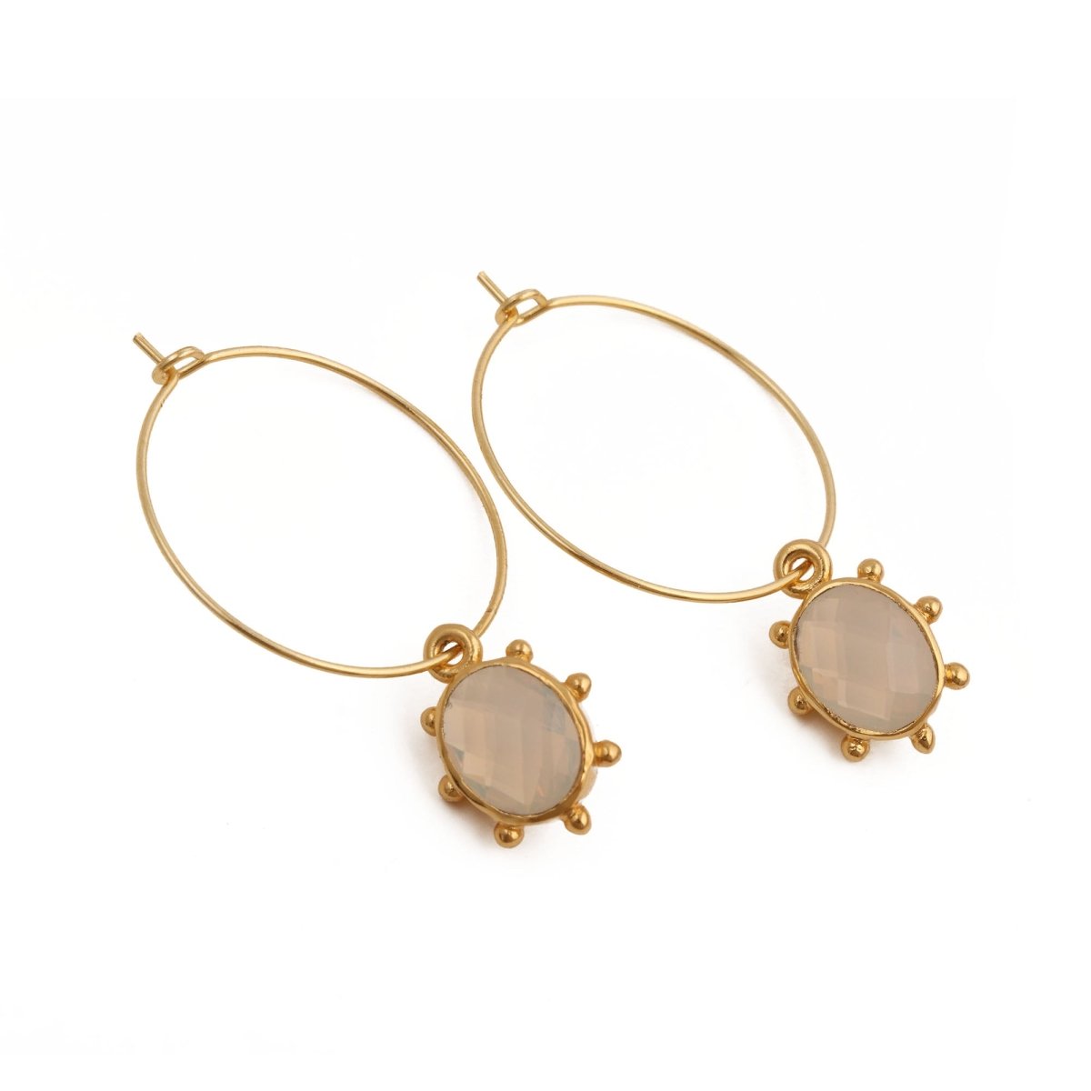 White Opalite Oval Faceted Hoop Earrings, Gold Plated Birthstone Jewelry 5275 White Opalite