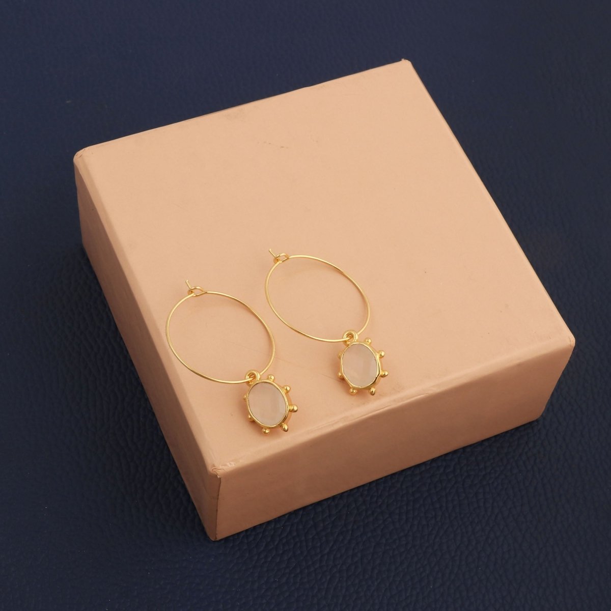 White Opalite Oval Faceted Hoop Earrings, Gold Plated Birthstone Jewelry 5275