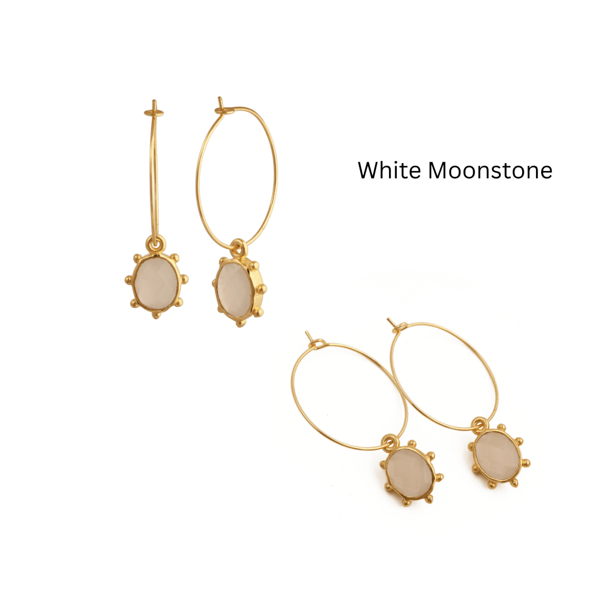 White Opalite Oval Faceted Hoop Earrings, Gold Plated Birthstone Jewelry 5275 White Moonstone