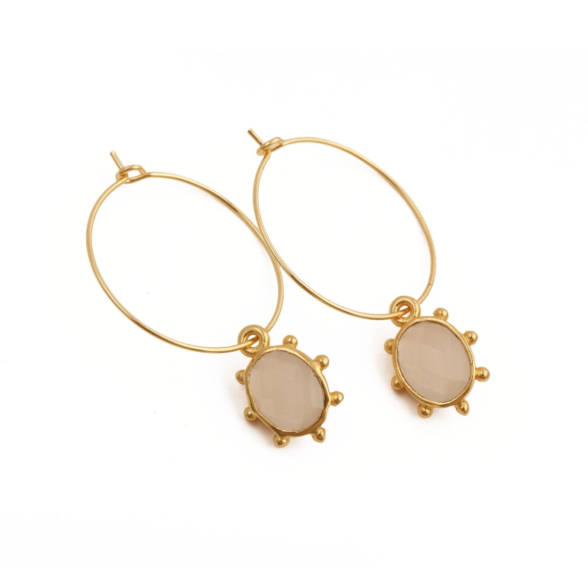 White Opalite Oval Faceted Hoop Earrings, Gold Plated Birthstone Jewelry 5275