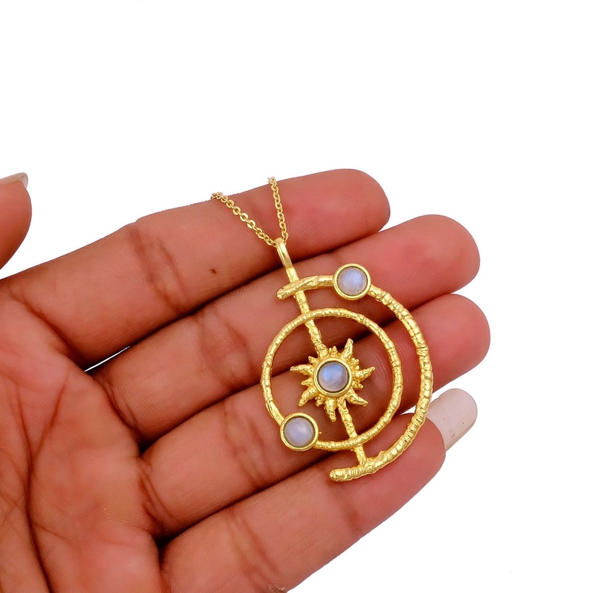 Women's Gold Plated Brass Celestial Sunburst Necklace with Green Onyx Gemstones 5403