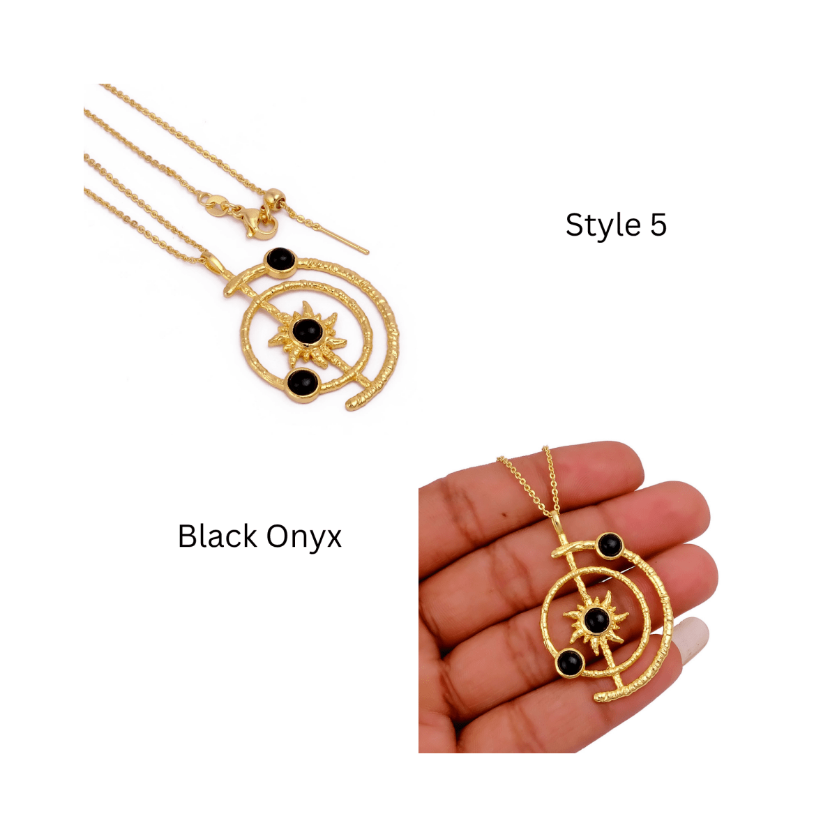 Women's Gold Plated Brass Celestial Sunburst Necklace with Green Onyx Gemstones 5403