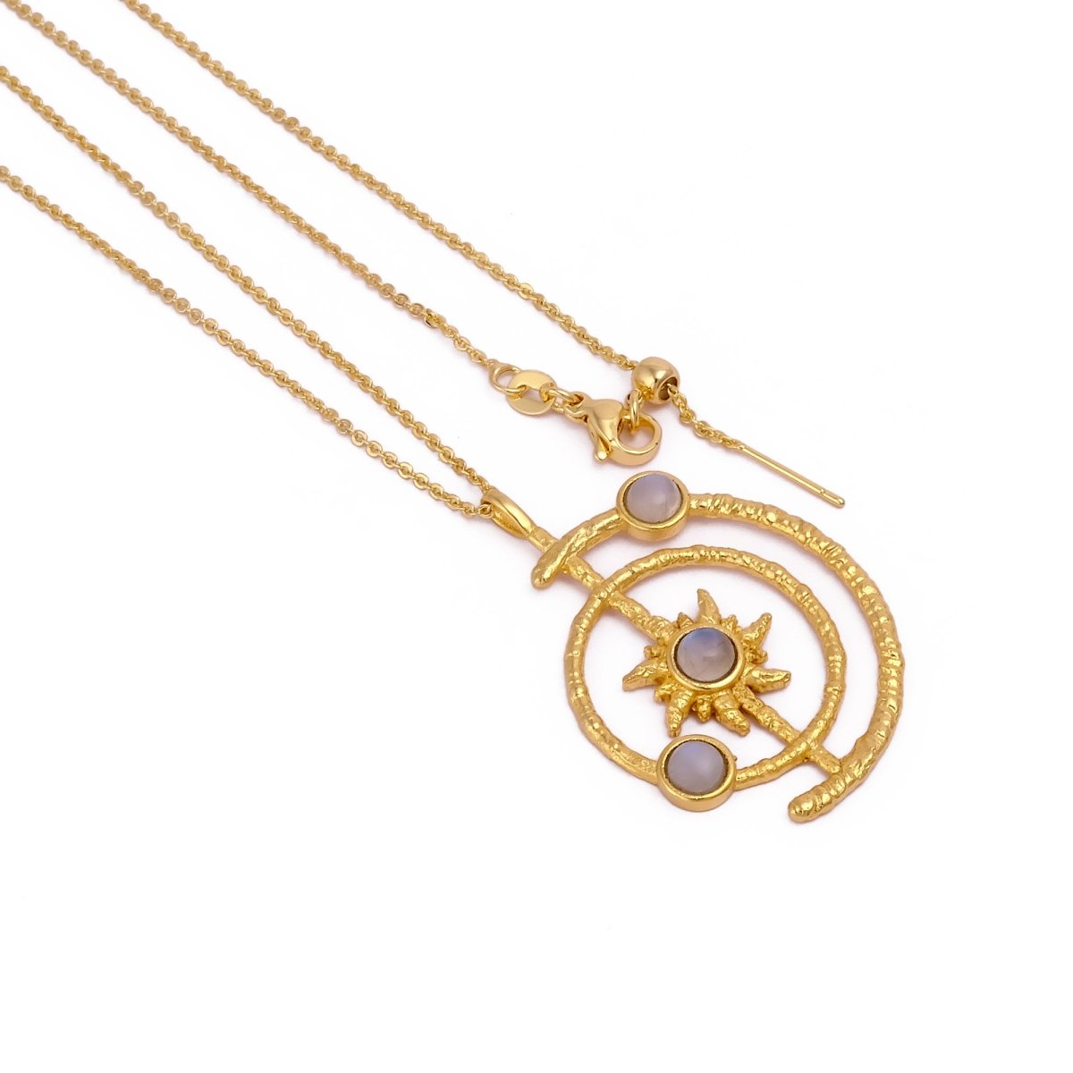 Women's Gold Plated Brass Celestial Sunburst Necklace with Green Onyx Gemstones 5403
