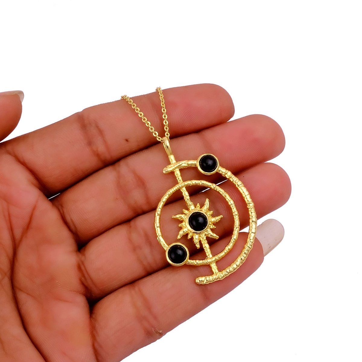 Women's Gold Plated Brass Celestial Sunburst Necklace with Green Onyx Gemstones 5403