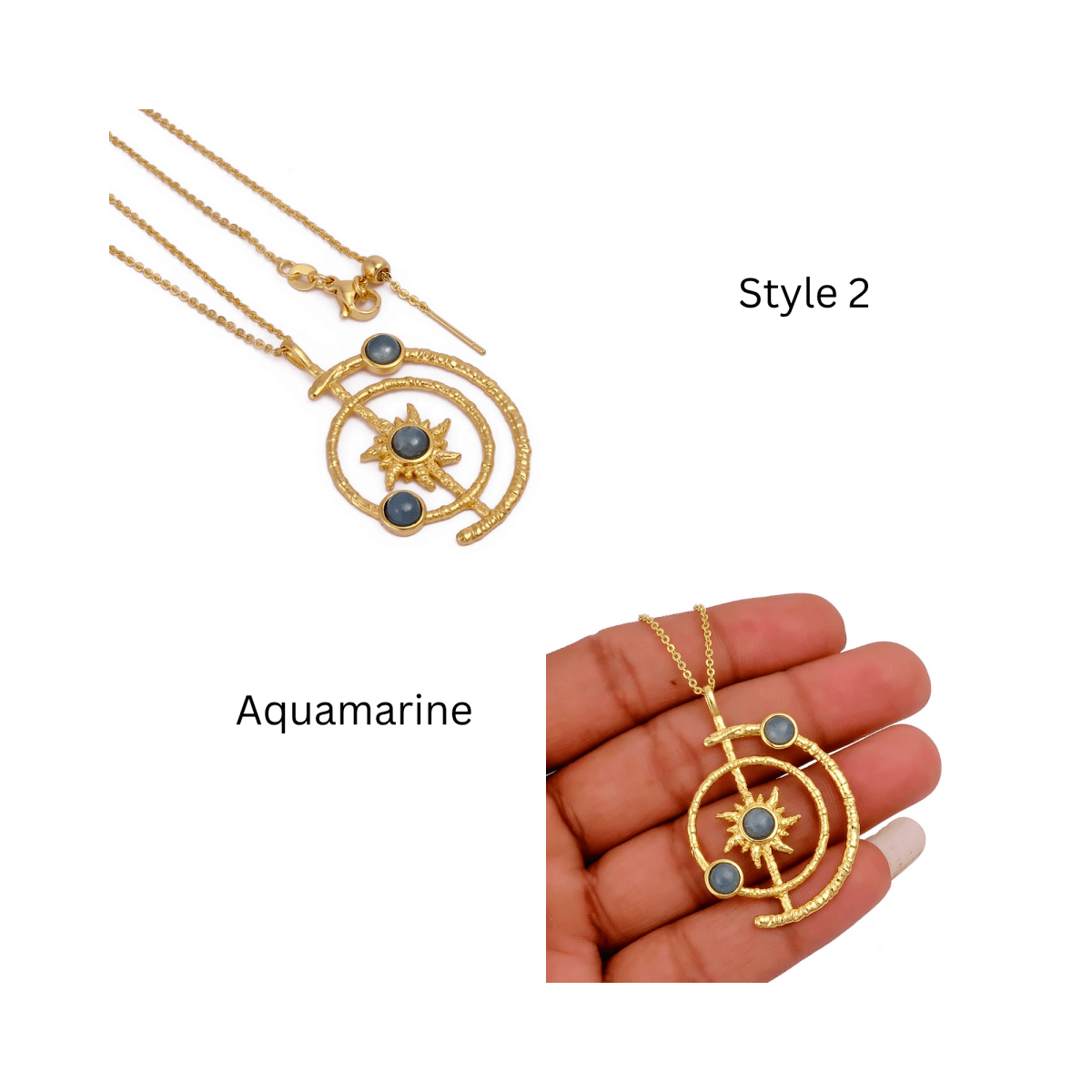 Women's Gold Plated Brass Celestial Sunburst Necklace with Green Onyx Gemstones 5403