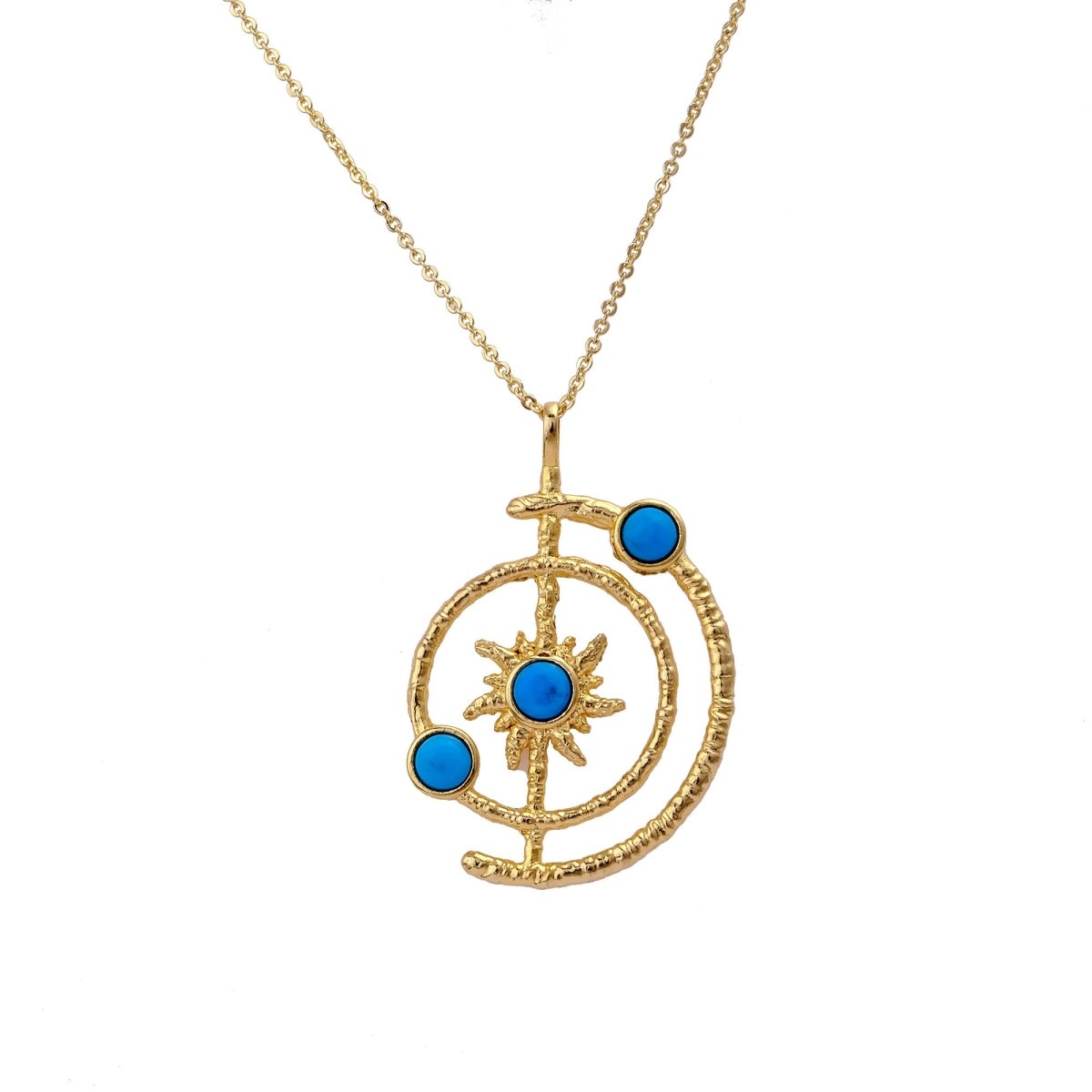 Women's Gold Plated Brass Celestial Sunburst Necklace with Green Onyx Gemstones 5403