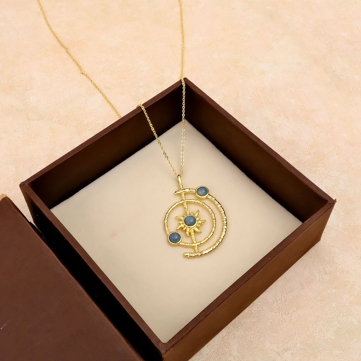 Women's Gold Plated Brass Celestial Sunburst Necklace with Green Onyx Gemstones 5403