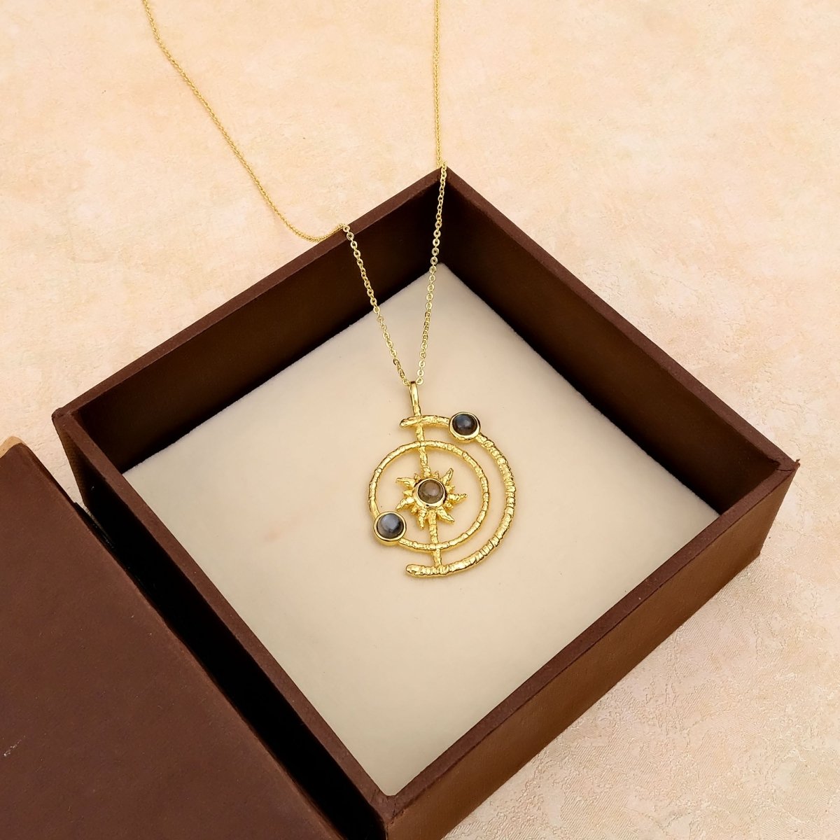 Women's Gold Plated Brass Celestial Sunburst Necklace with Green Onyx Gemstones 5403