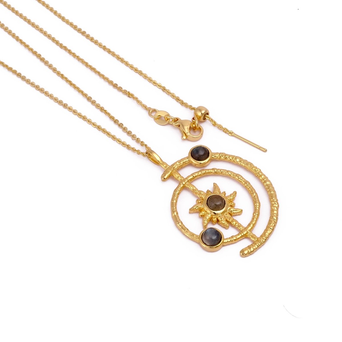 Women's Gold Plated Brass Celestial Sunburst Necklace with Green Onyx Gemstones 5403
