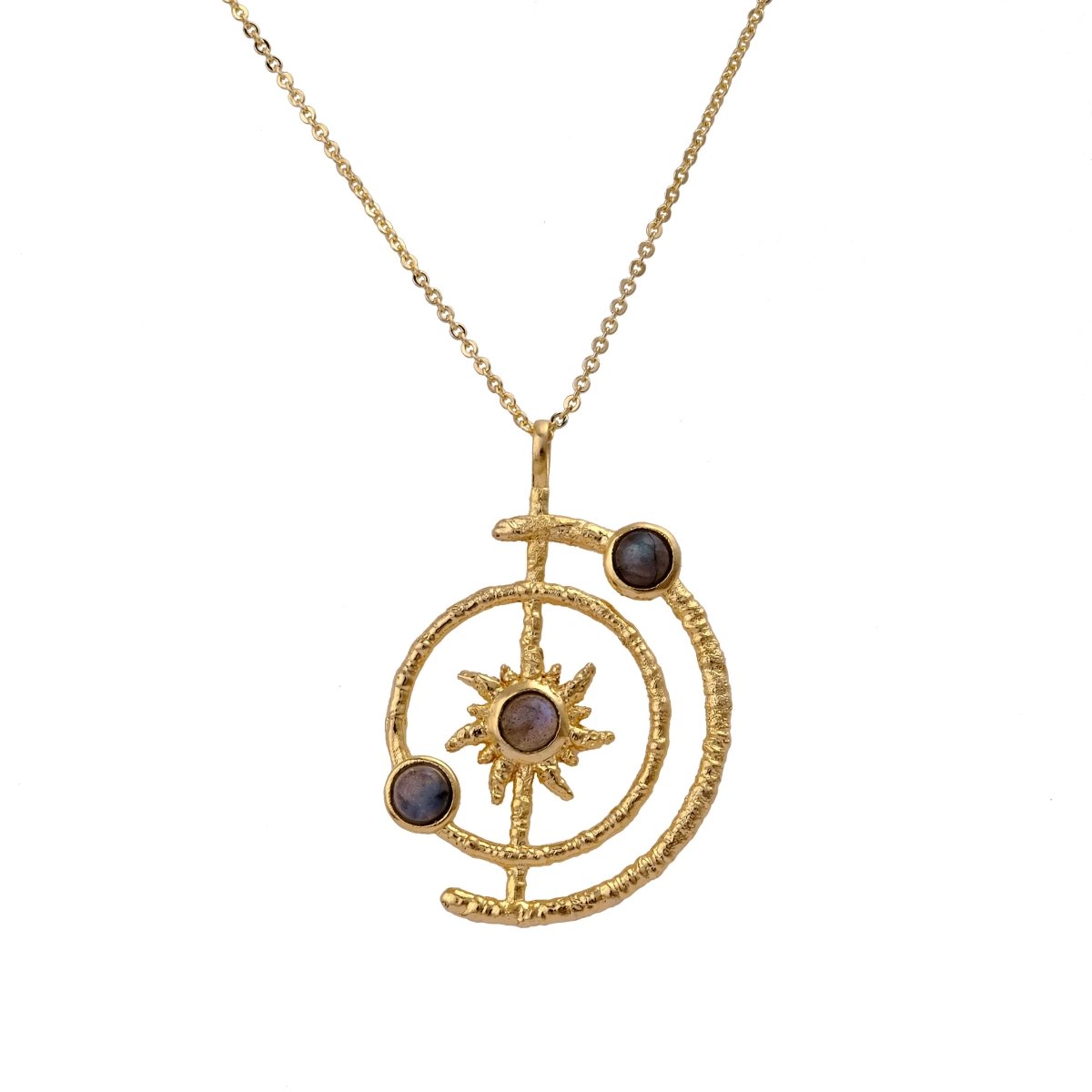 Women's Gold Plated Brass Celestial Sunburst Necklace with Green Onyx Gemstones 5403