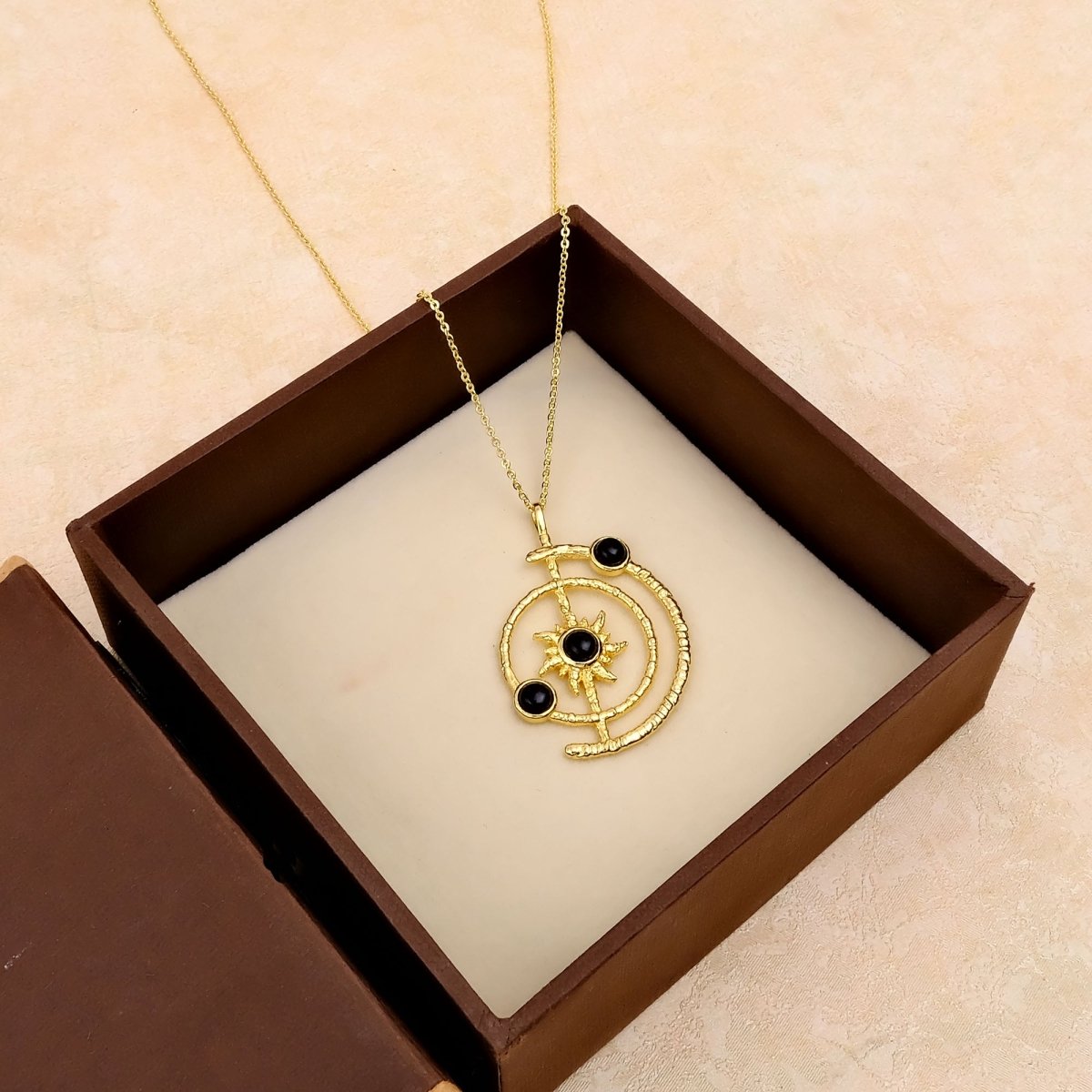 Women's Gold Plated Brass Celestial Sunburst Necklace with Green Onyx Gemstones 5403
