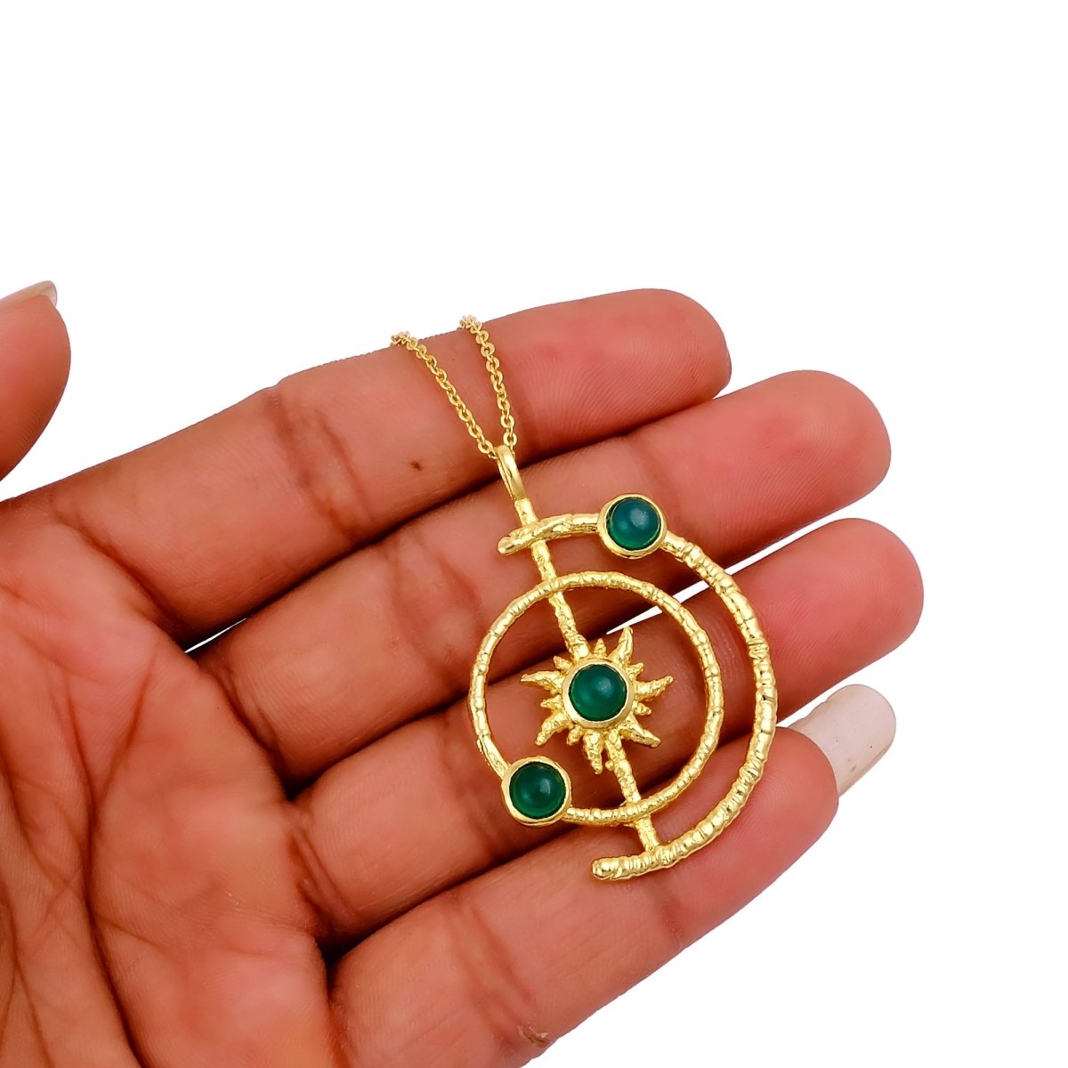 Women's Gold Plated Brass Celestial Sunburst Necklace with Green Onyx Gemstones 5403