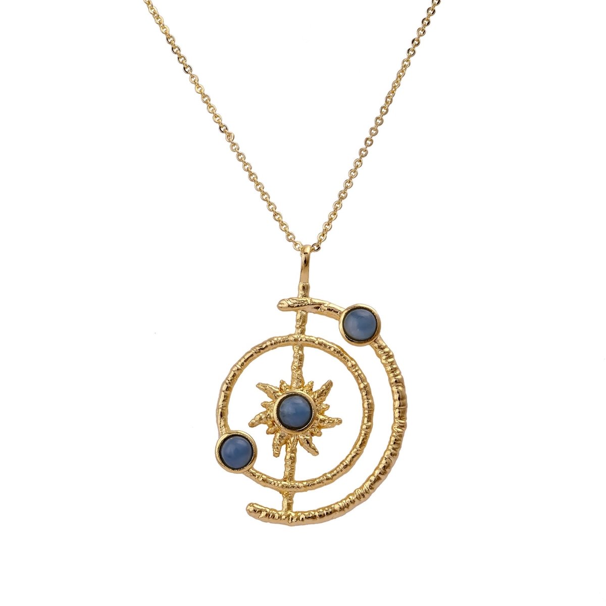 Women's Gold Plated Brass Celestial Sunburst Necklace with Green Onyx Gemstones 5403