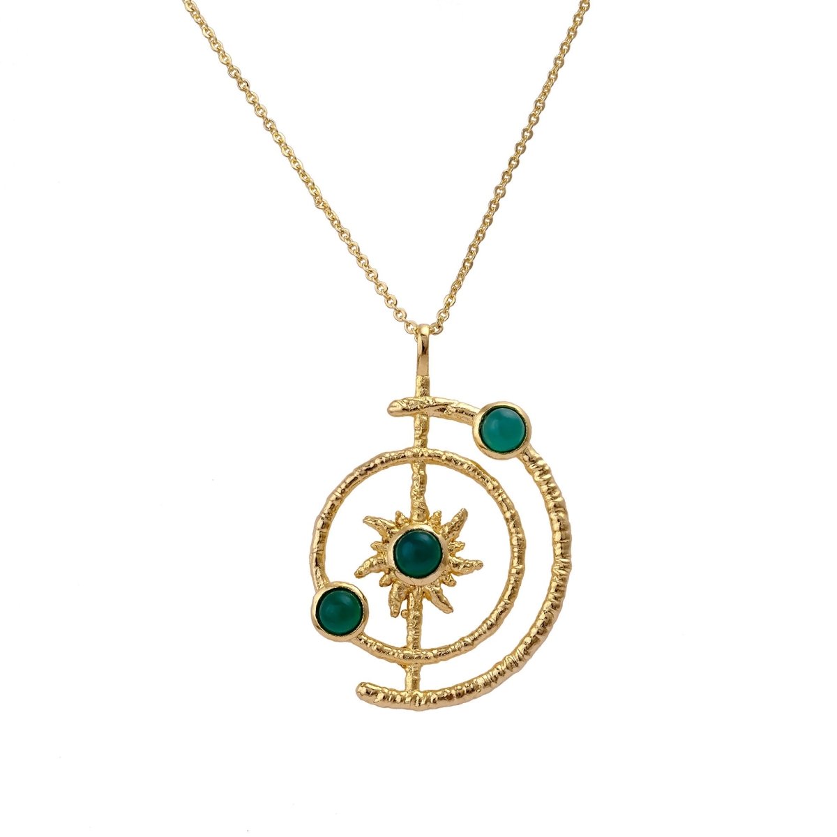 Women's Gold Plated Brass Celestial Sunburst Necklace with Green Onyx Gemstones 5403