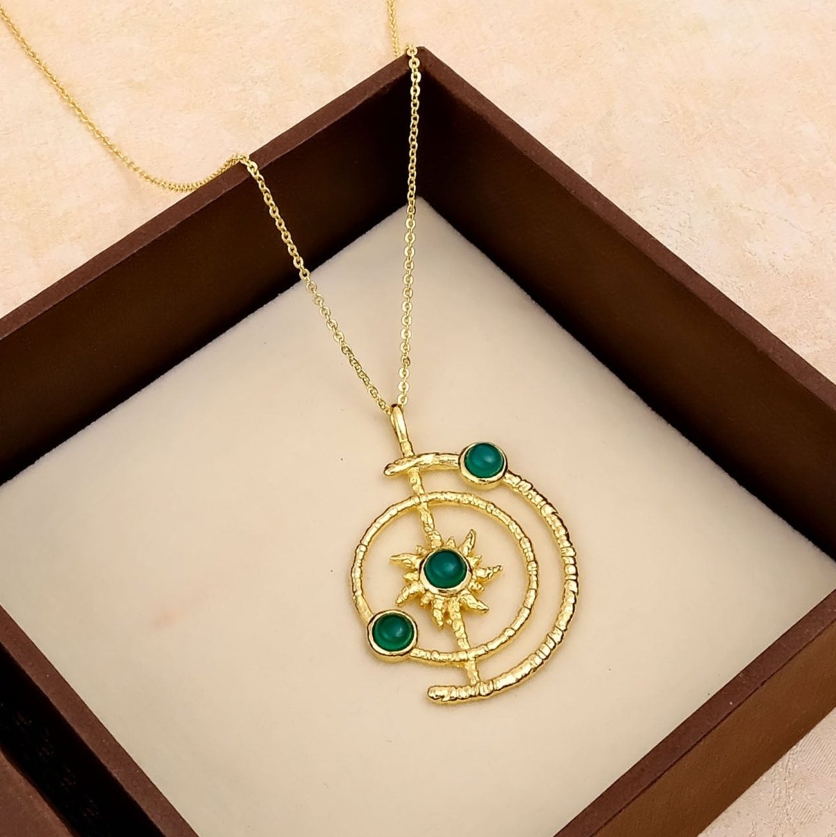 Women's Gold Plated Brass Celestial Sunburst Necklace with Green Onyx Gemstones 5403