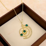 Women's Gold Plated Brass Celestial Sunburst Necklace with Green Onyx Gemstones 5403