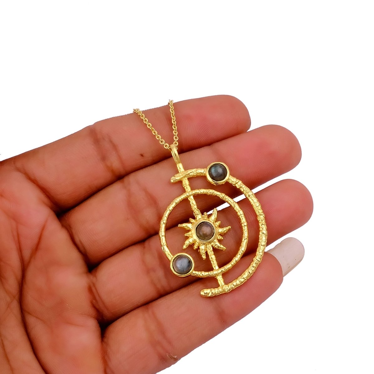 Women's Gold Plated Brass Celestial Sunburst Necklace with Green Onyx Gemstones 5403