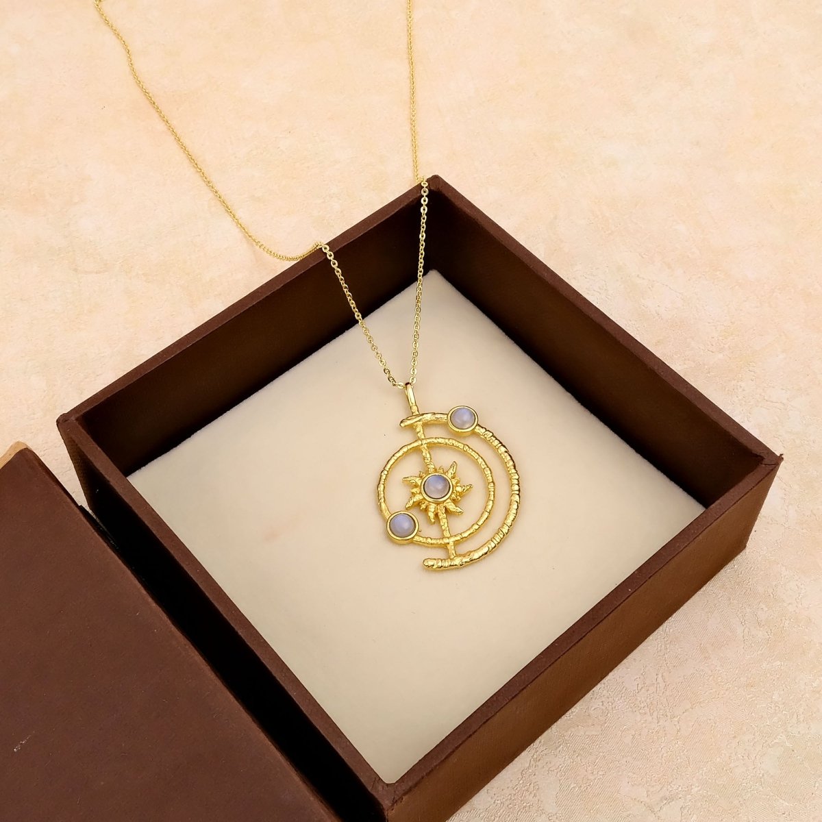 Women's Gold Plated Brass Celestial Sunburst Necklace with Green Onyx Gemstones 5403