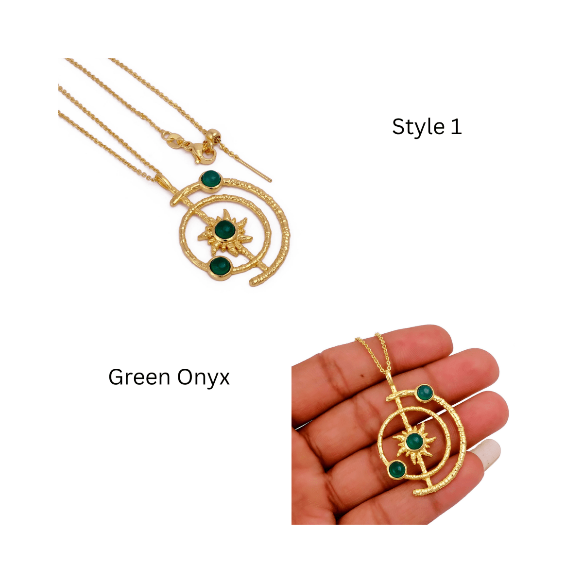 Women's Gold Plated Brass Celestial Sunburst Necklace with Green Onyx Gemstones 5403