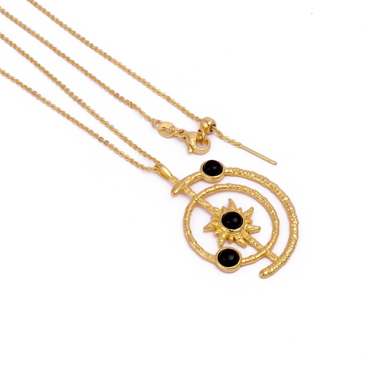 Women's Gold Plated Brass Celestial Sunburst Necklace with Green Onyx Gemstones 5403