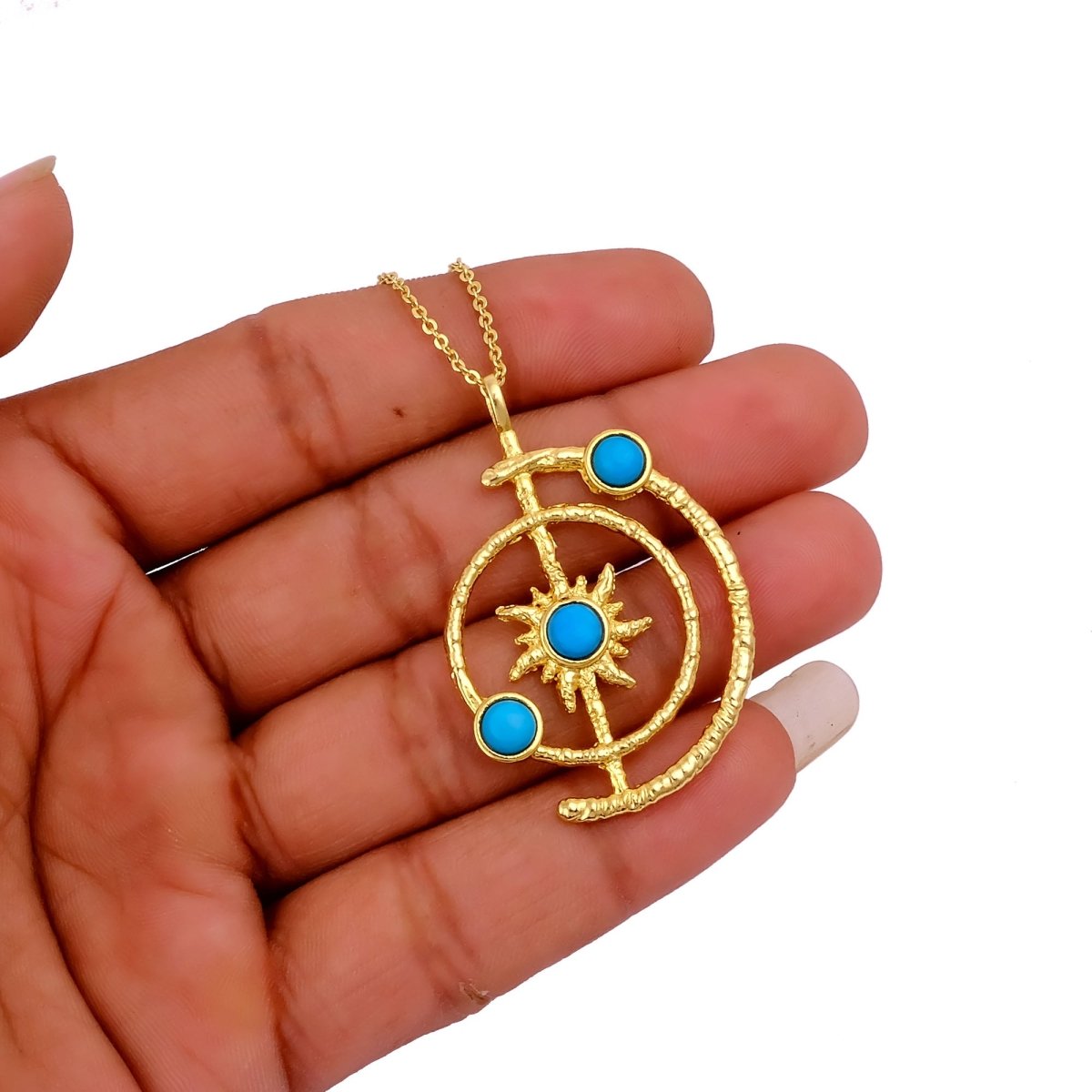 Women's Gold Plated Brass Celestial Sunburst Necklace with Green Onyx Gemstones 5403