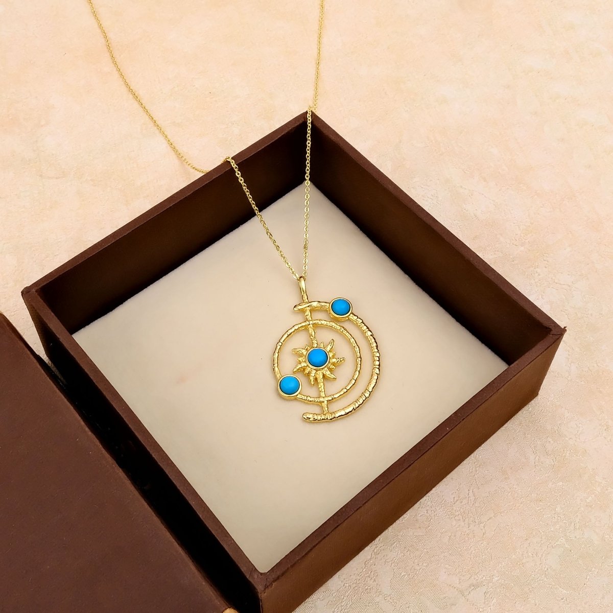 Women's Gold Plated Brass Celestial Sunburst Necklace with Green Onyx Gemstones 5403