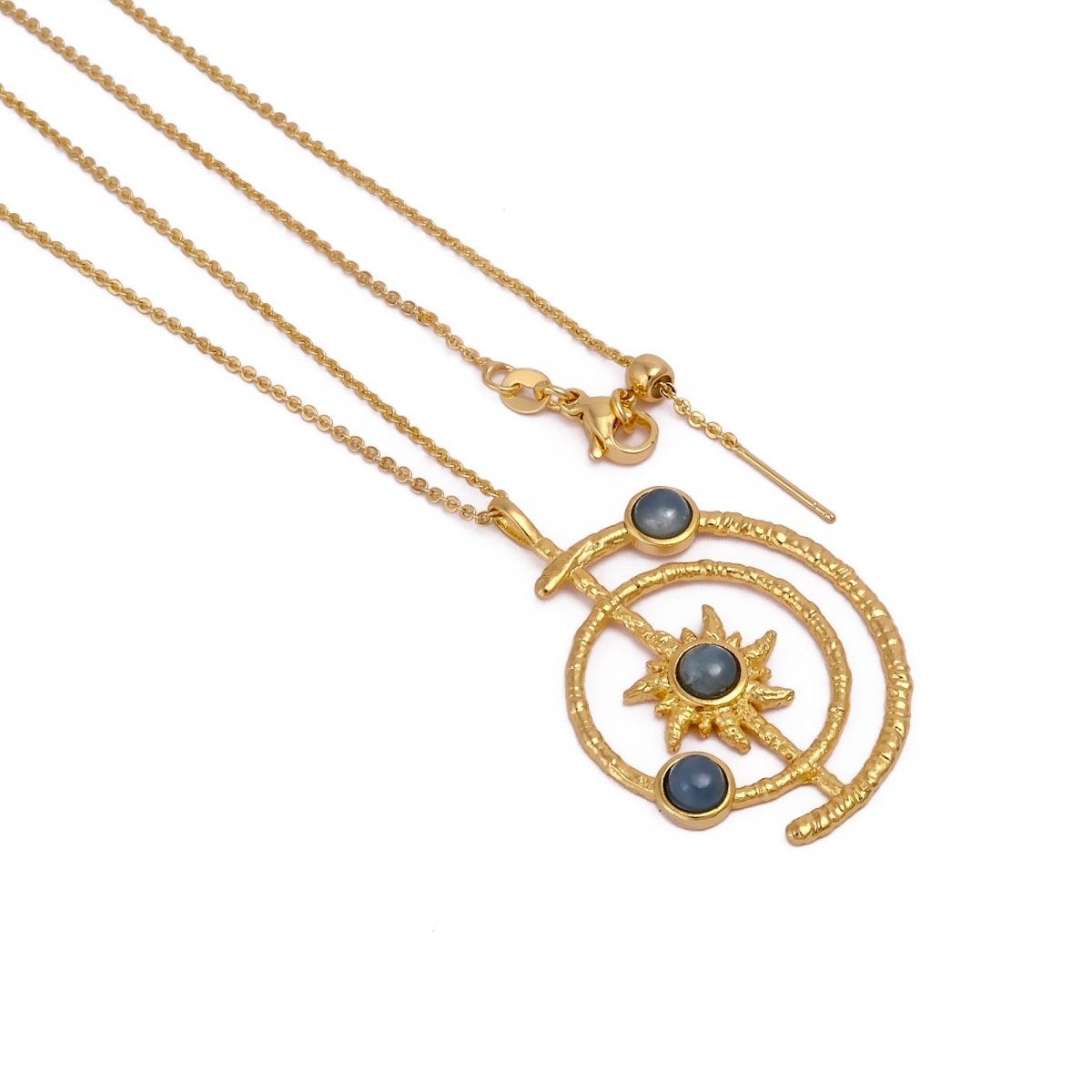 Women's Gold Plated Brass Celestial Sunburst Necklace with Green Onyx Gemstones 5403