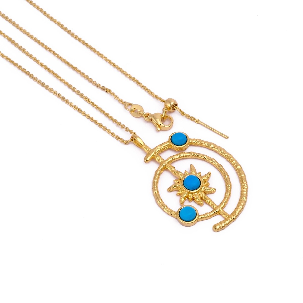 Women's Gold Plated Brass Celestial Sunburst Necklace with Green Onyx Gemstones 5403
