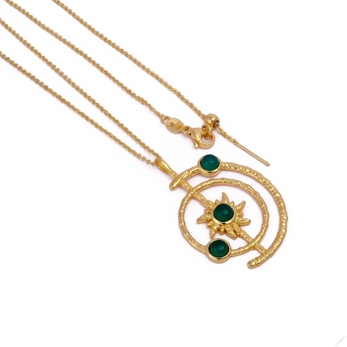Women's Gold Plated Brass Celestial Sunburst Necklace with Green Onyx Gemstones 5403