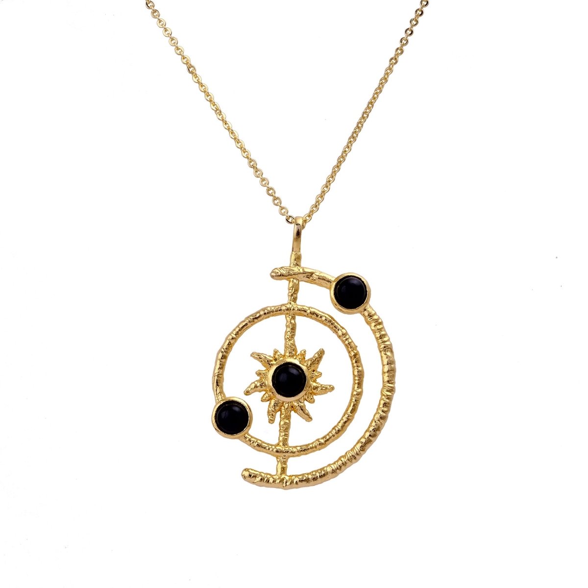 Women's Gold Plated Brass Celestial Sunburst Necklace with Green Onyx Gemstones 5403