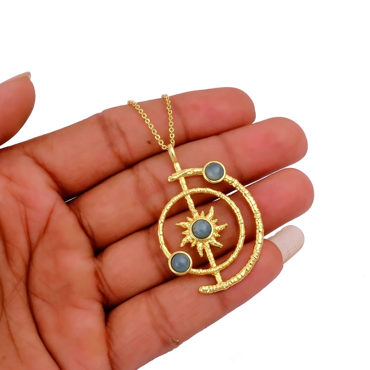 Women's Gold Plated Brass Celestial Sunburst Necklace with Green Onyx Gemstones 5403