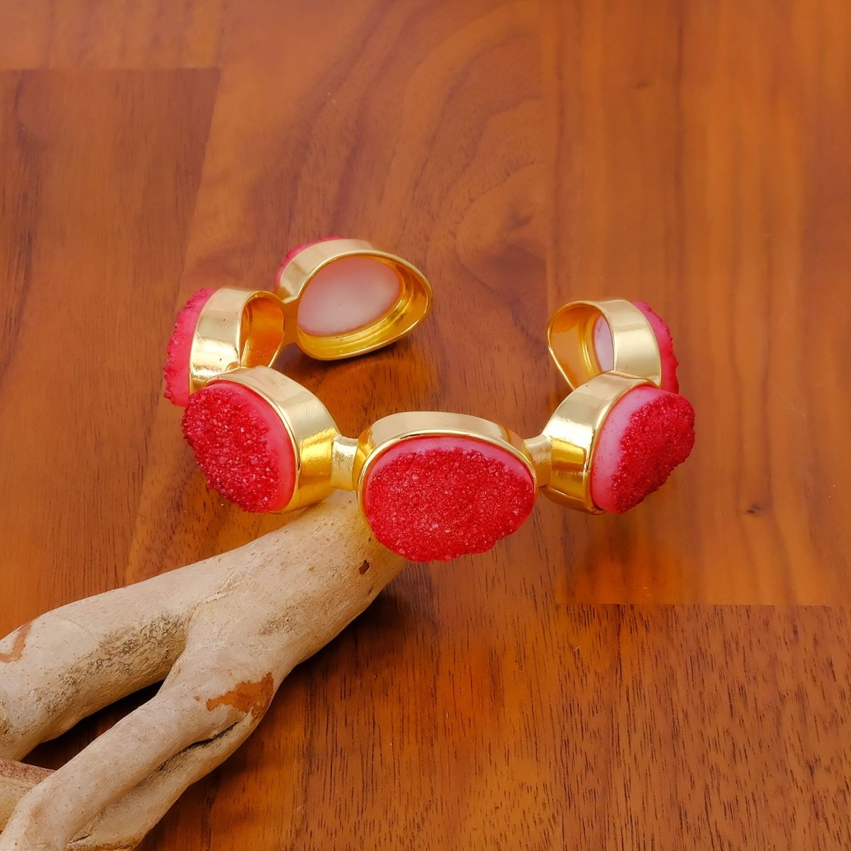 Yellow Druzy Gold - Plated Cuff Bangle, Chunky Boho Statement Jewelry CB - 1004