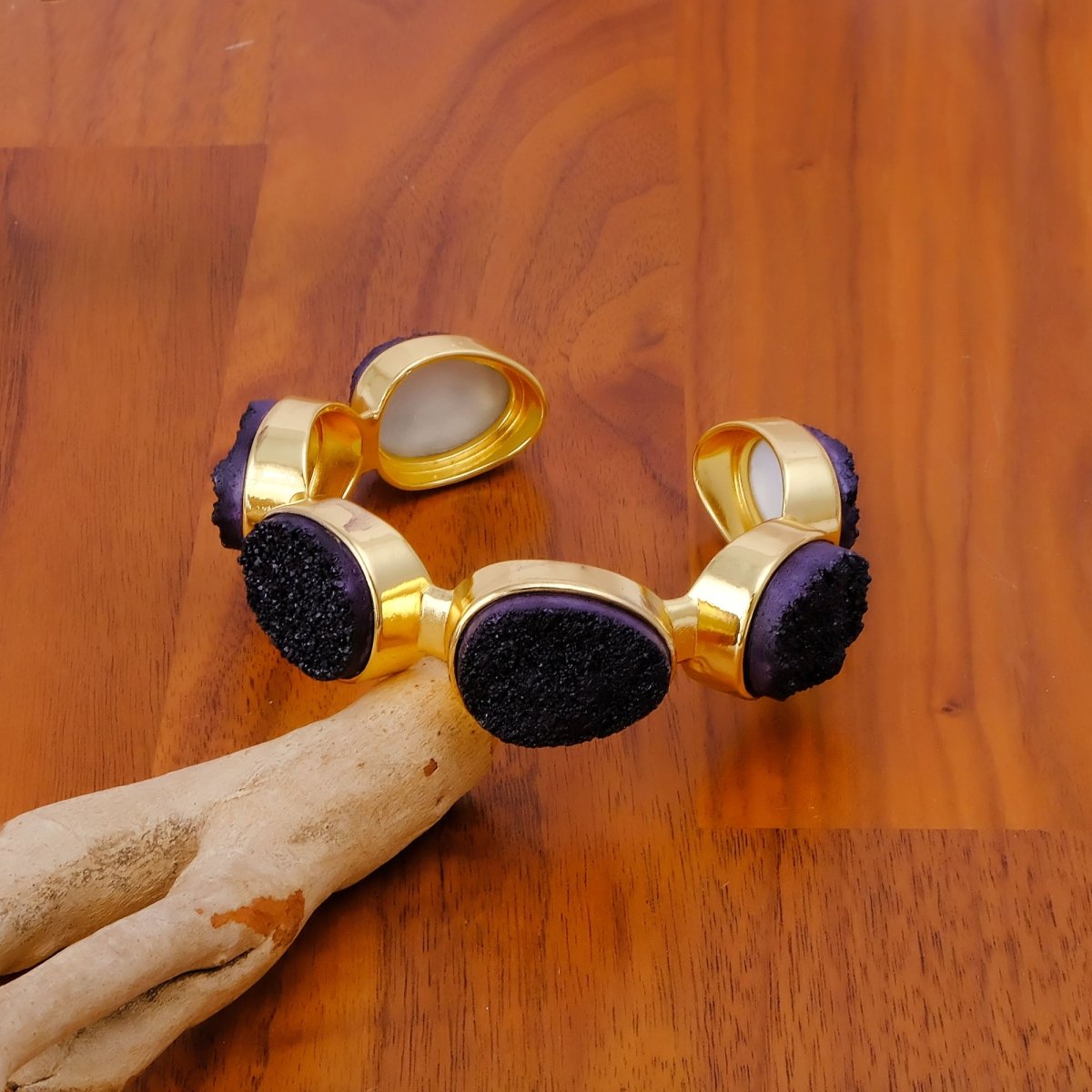 Yellow Druzy Gold - Plated Cuff Bangle, Chunky Boho Statement Jewelry CB - 1004