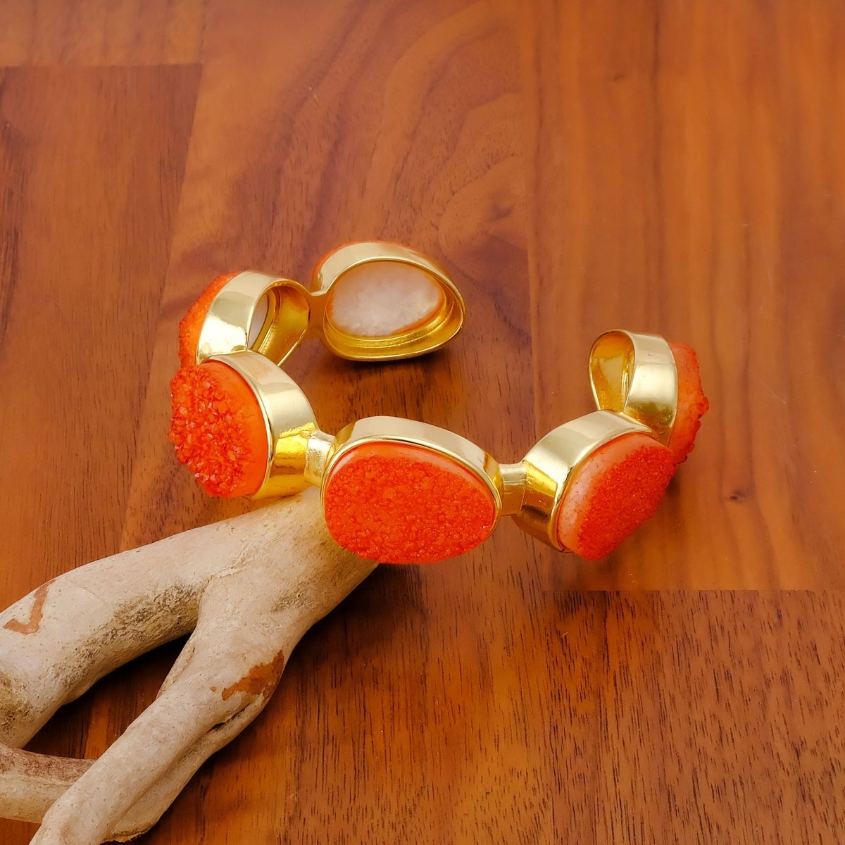 Yellow Druzy Gold - Plated Cuff Bangle, Chunky Boho Statement Jewelry CB - 1004