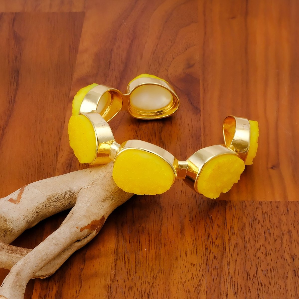 Yellow Druzy Gold - Plated Cuff Bangle, Chunky Boho Statement Jewelry CB - 1004
