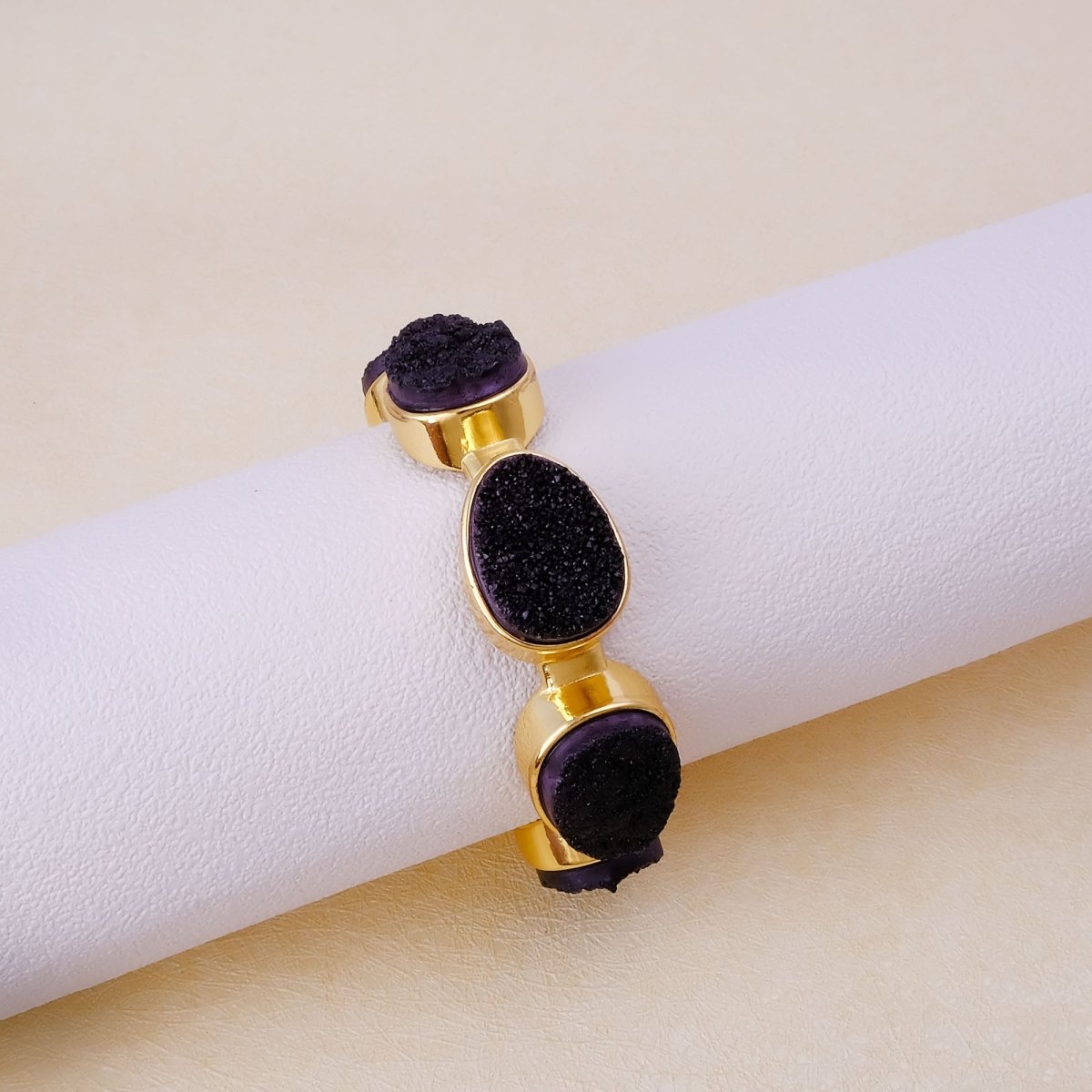 Yellow Druzy Gold - Plated Cuff Bangle, Chunky Boho Statement Jewelry CB - 1004
