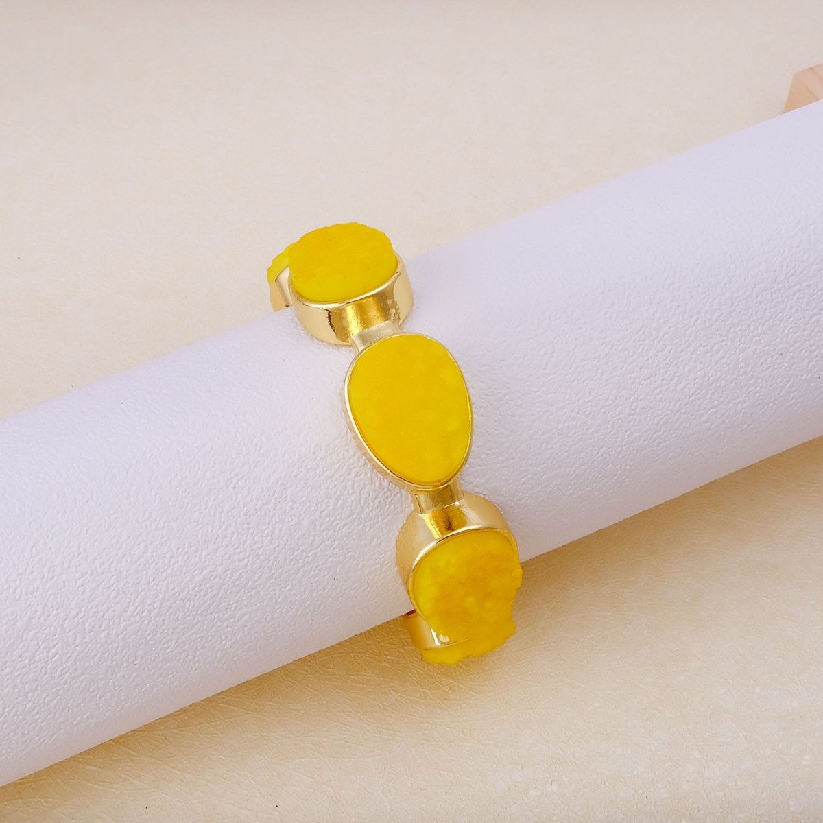 Yellow Druzy Gold - Plated Cuff Bangle, Chunky Boho Statement Jewelry CB - 1004