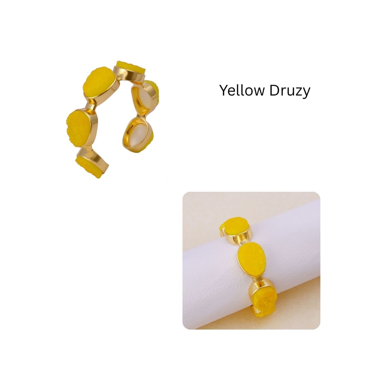 Yellow Druzy Gold - Plated Cuff Bangle, Chunky Boho Statement Jewelry CB - 1004