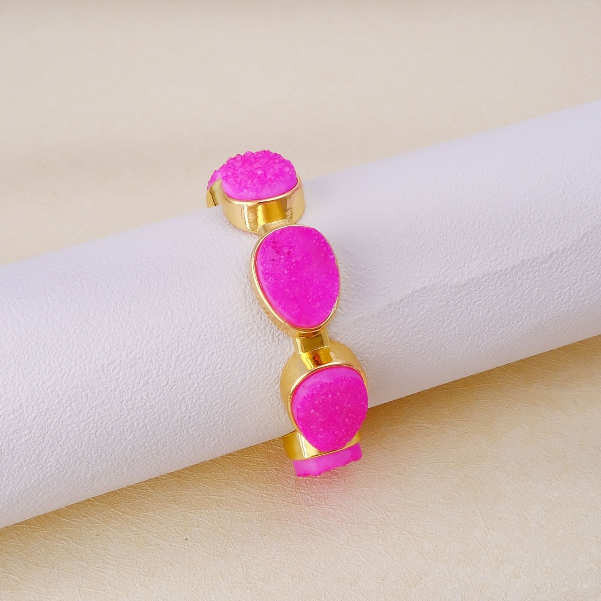 Yellow Druzy Gold - Plated Cuff Bangle, Chunky Boho Statement Jewelry CB - 1004