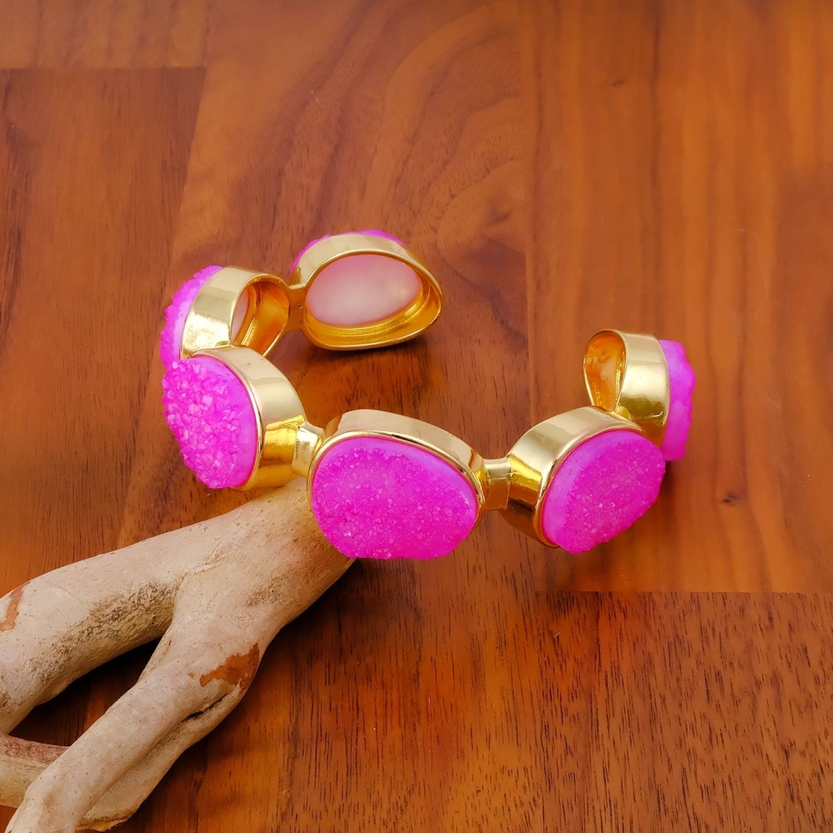 Yellow Druzy Gold - Plated Cuff Bangle, Chunky Boho Statement Jewelry CB - 1004