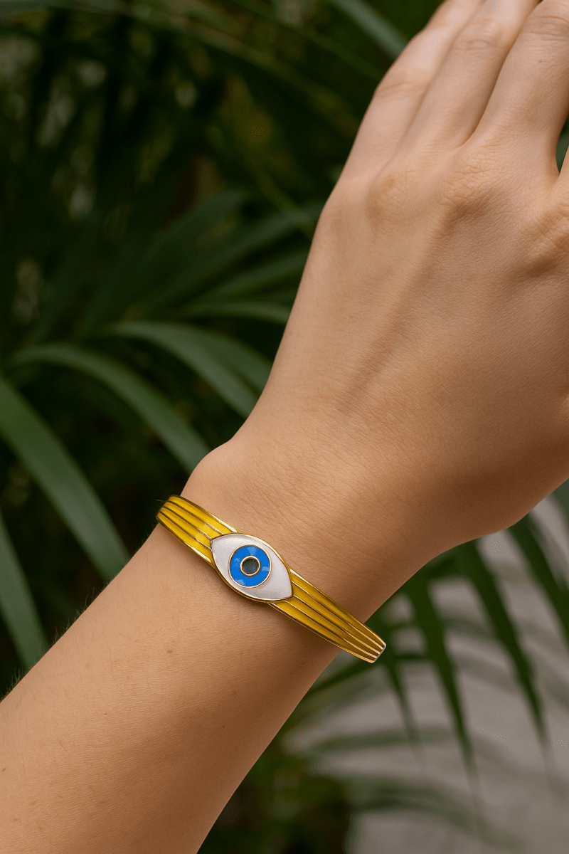 Yellow Enameled Bangle Evil Eye Adjustable Bangle Gold Plated Jewelry