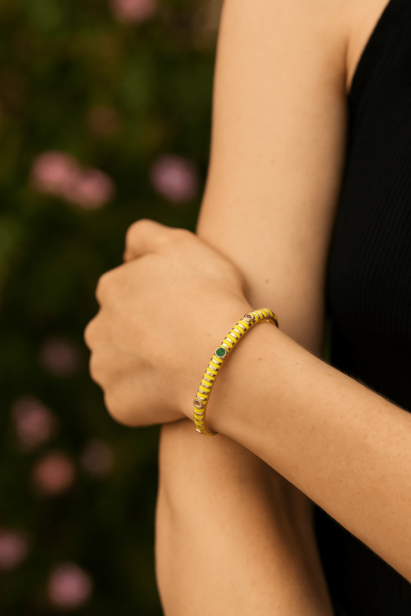 Yellow Enameled With Multi CZ Gemstone Bangle Adjustable Gold Plated Jewelry